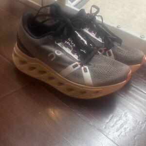On Running Charcoal and Beige Athletic Shoes